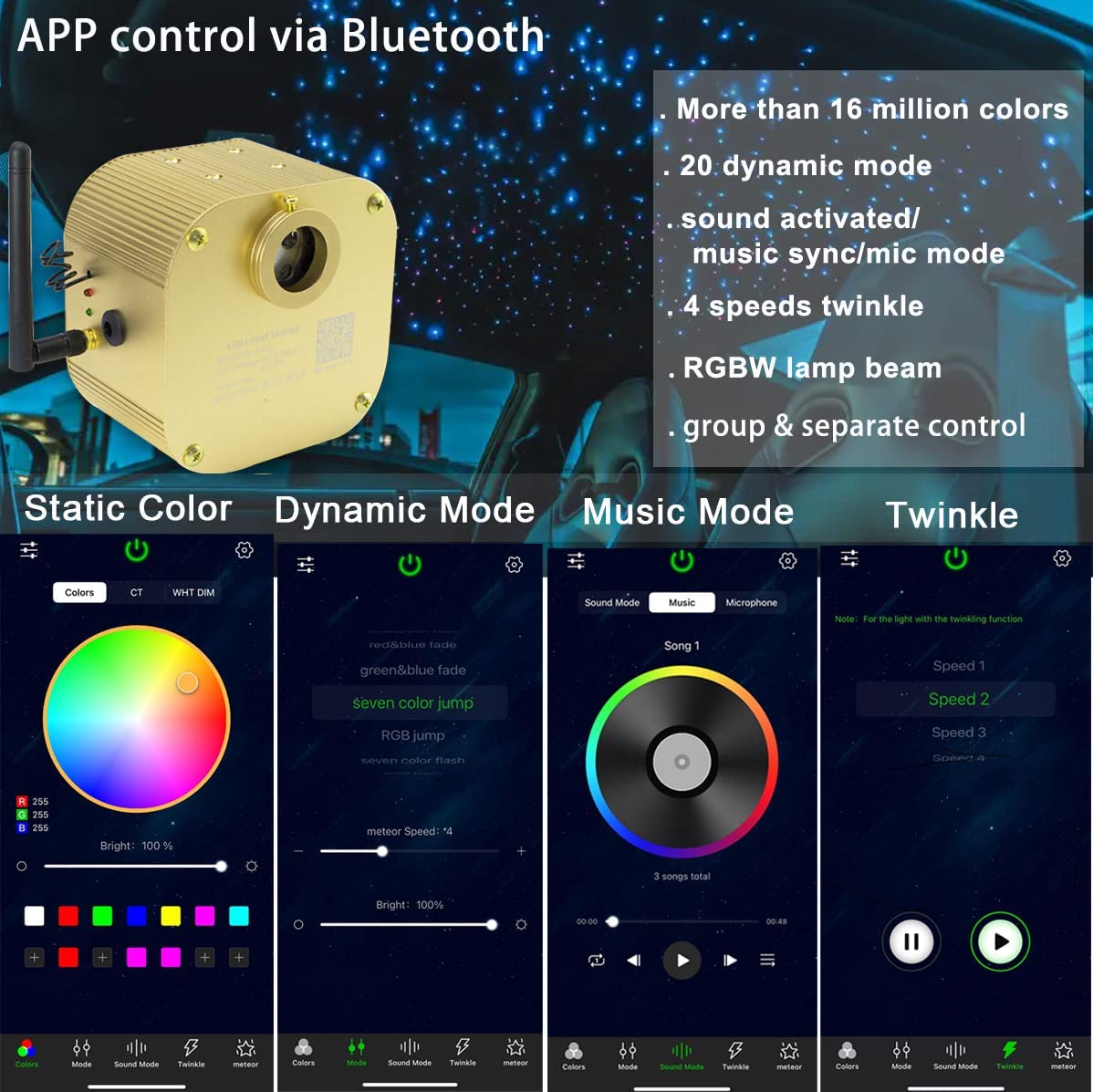 Bluetooth APP for 16W Twinkle RGBW Rolls Royce Starlight Headliner Kit | SanliLED.shop