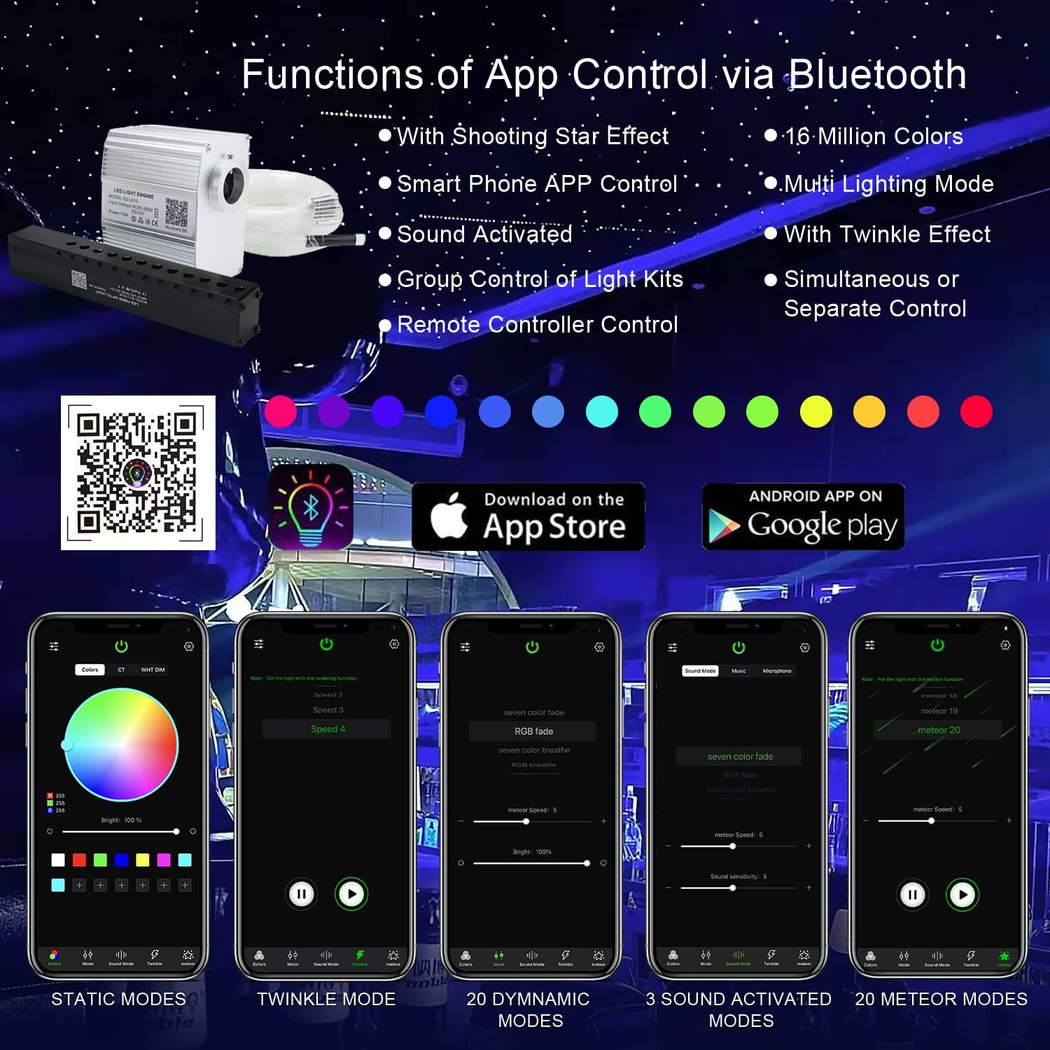 Bluetooth APP Control for 10W RGBW Twinkle Shooting Star Headliner Kit (Star Ceiling +Shooting Stars) | SanliLED.shop