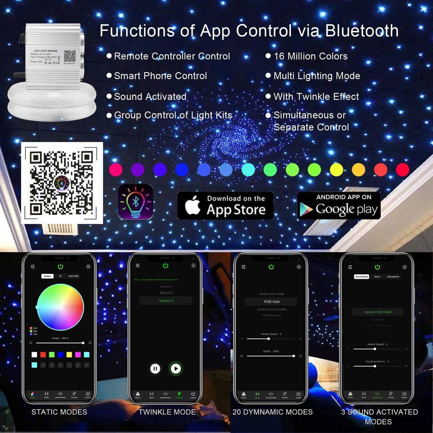 Bluetooth APP Control for 2x8W Twinkle Starlight for Car, RGBW Starlight for Car | SanliLED.shop